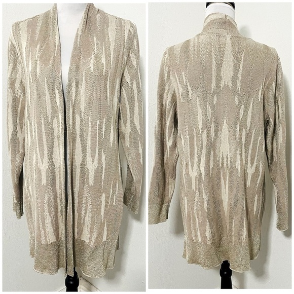 Chicos Women’s Large Open Cardigan Mid Sweater Gold Beige Shimmer Glitter EUC - Picture 1 of 9